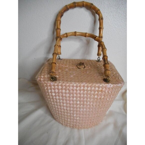 Vintage Handbags - Vintage light pink Bamboo Handled Woven Lined Handbag Purse Estate Find